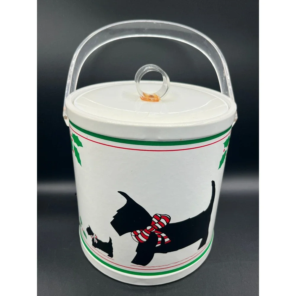 Vtg Light Up Christmas Scottie Dog Terrier Ice Bucket White Vinyl Acrylic Handle